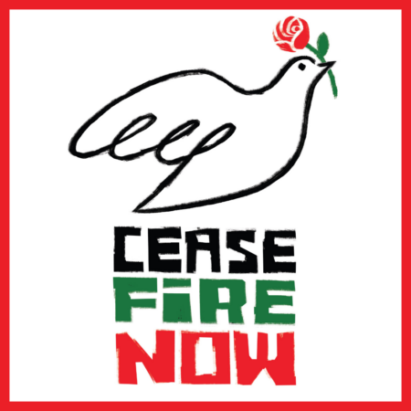 A drawing of a dove holding a rose in their beak above the text, "Ceasefire Now"