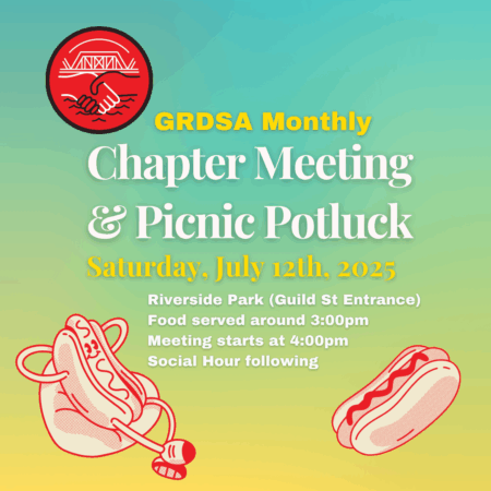 Cartoon hotdogs on a blue to yellow gradient with the GRDSA logo and event details.