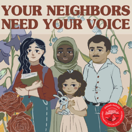 An illustration of four people, three adults and one child, standing together surrounded by roses and other flowers. The text "Your neighbors need your voice" is written above.