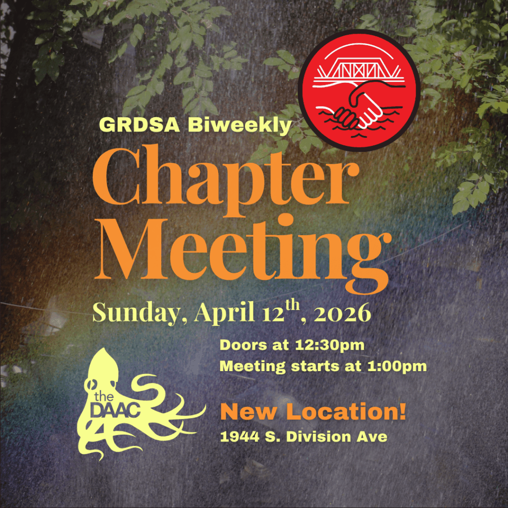 Event details along with the GRDSA and The DAAC logos over a rainbow in the misty drizzle.