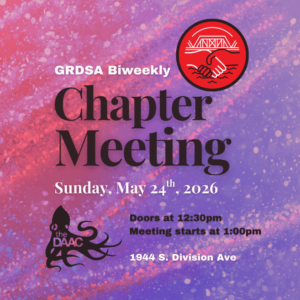 Chapter Meeting details along with the GRDSA and The DAAC logos over a sparkly pink, blue, and purple background.